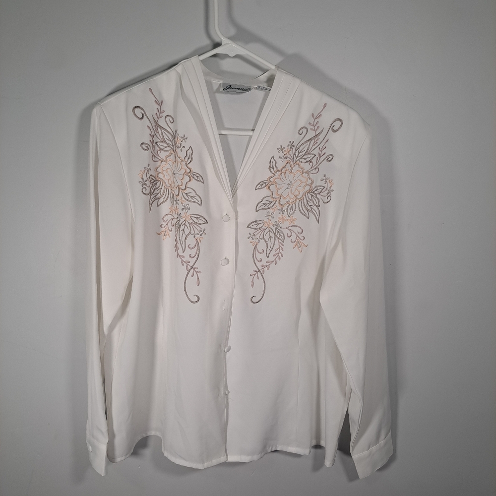 Vintage Joanna White Embroidered Button-up Blouse Size Large